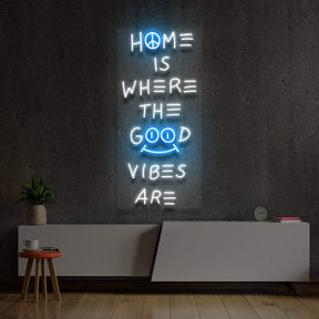 "Home is Where The Good Vibes Are" Multicolour Neon Sign 90cm (3ft) / Ice Blue / LED Neon by Neon Icons