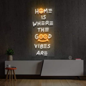 "Home is Where The Good Vibes Are" Multicolour Neon Sign 90cm (3ft) / Orange / LED Neon by Neon Icons