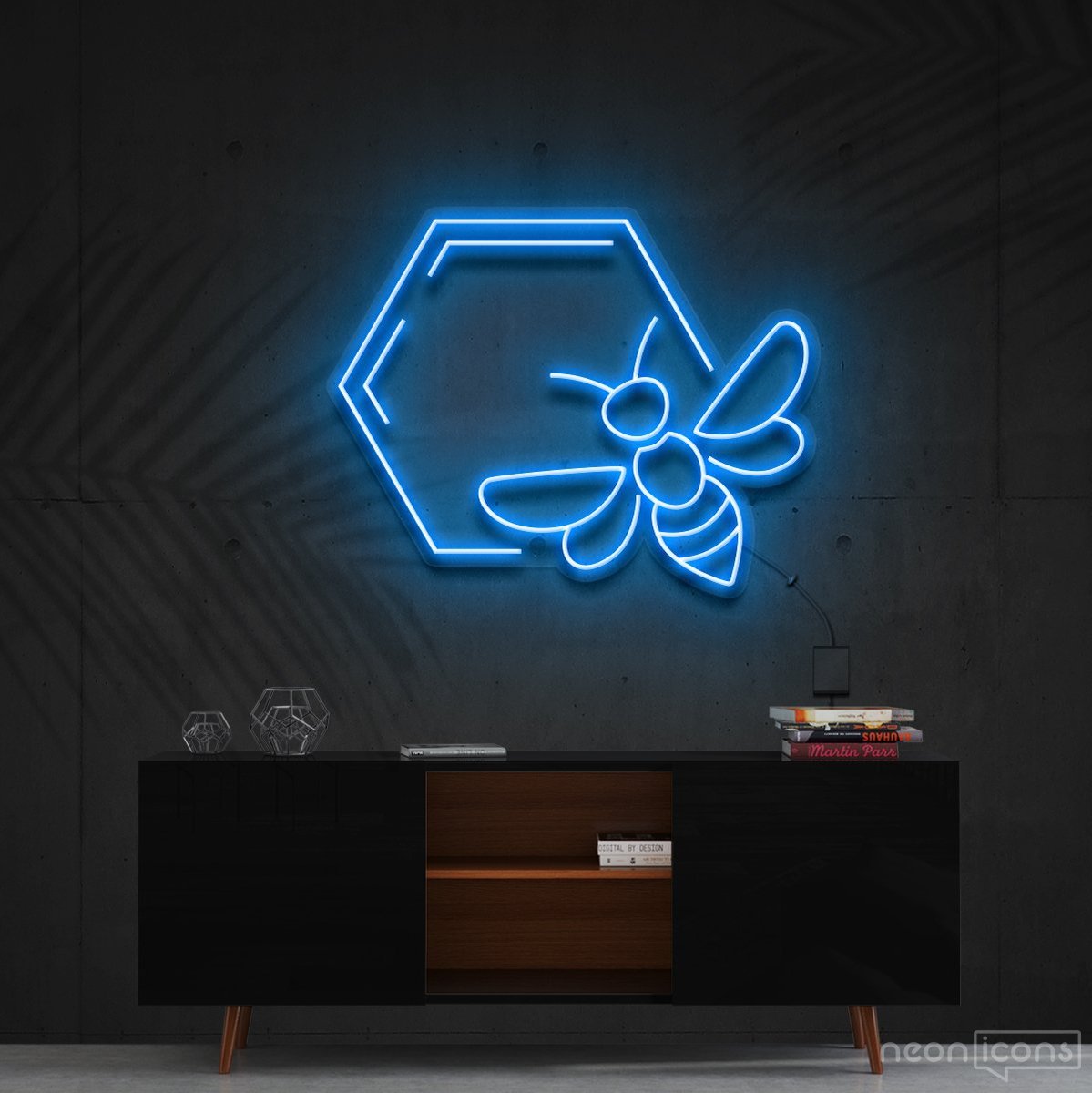 "Honeycomb Bee" Neon Sign 60cm (2ft) / Ice Blue / Cut to Shape by Neon Icons