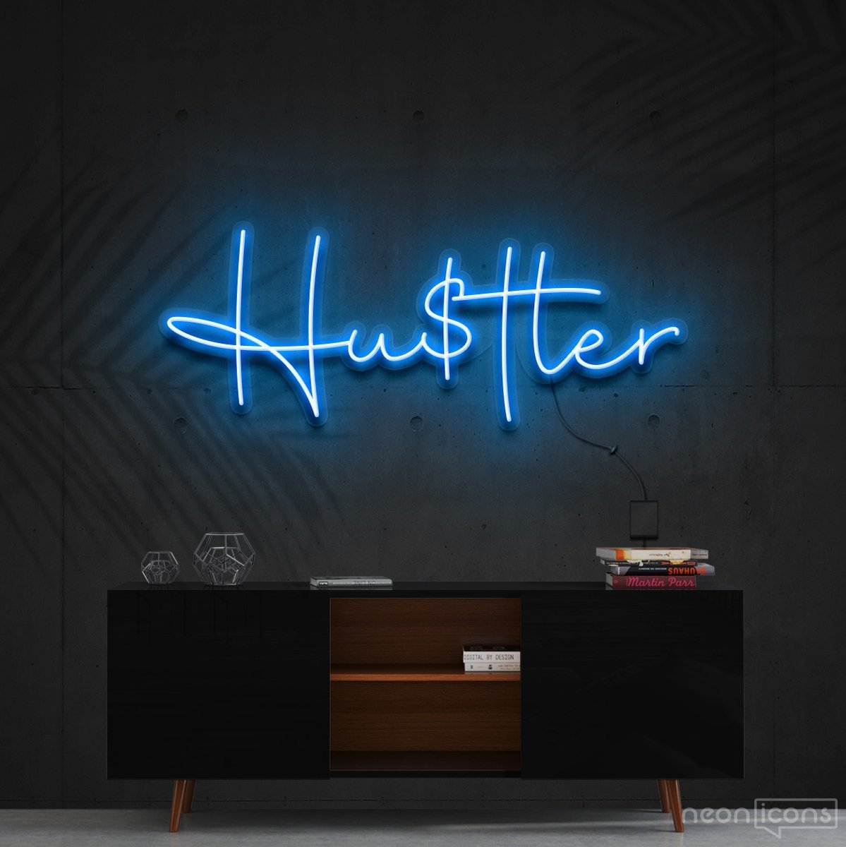 "Hustler" Neon Sign 60cm (2ft) / Ice Blue / Cut to Shape by Neon Icons