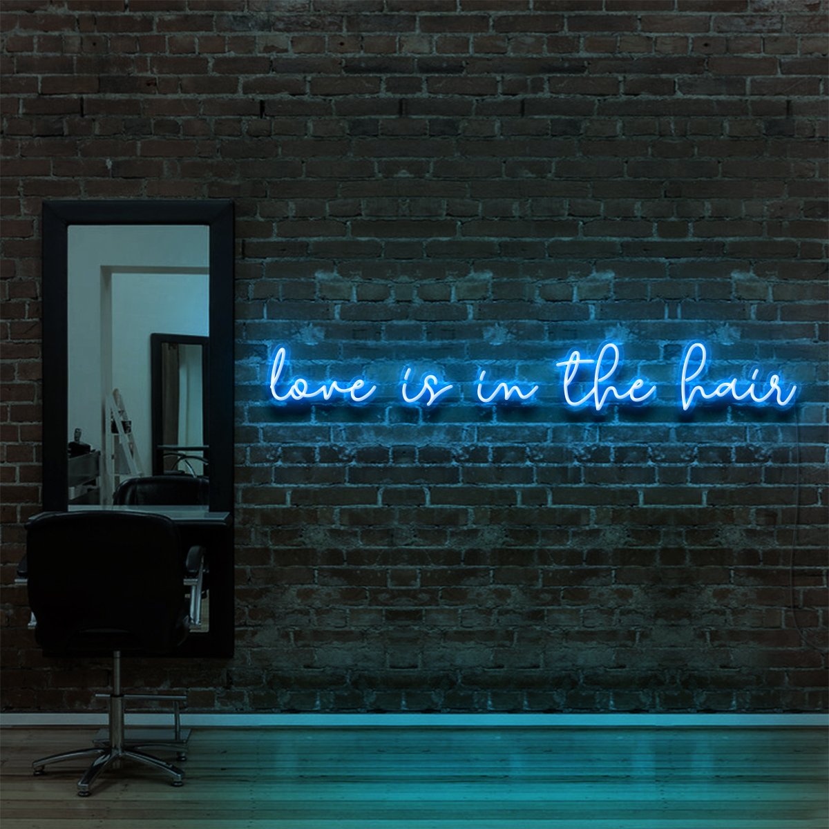 "Love Is In The Hair" Neon Sign for Hair Salons & Barbershops 90cm (3ft) / Ice Blue / LED Neon by Neon Icons