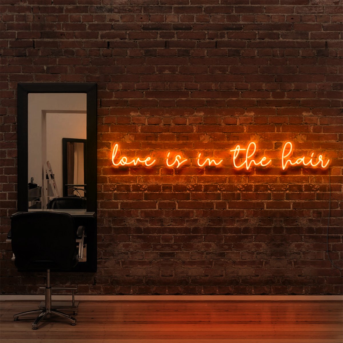 "Love Is In The Hair" Neon Sign for Hair Salons & Barbershops 90cm (3ft) / Orange / LED Neon by Neon Icons