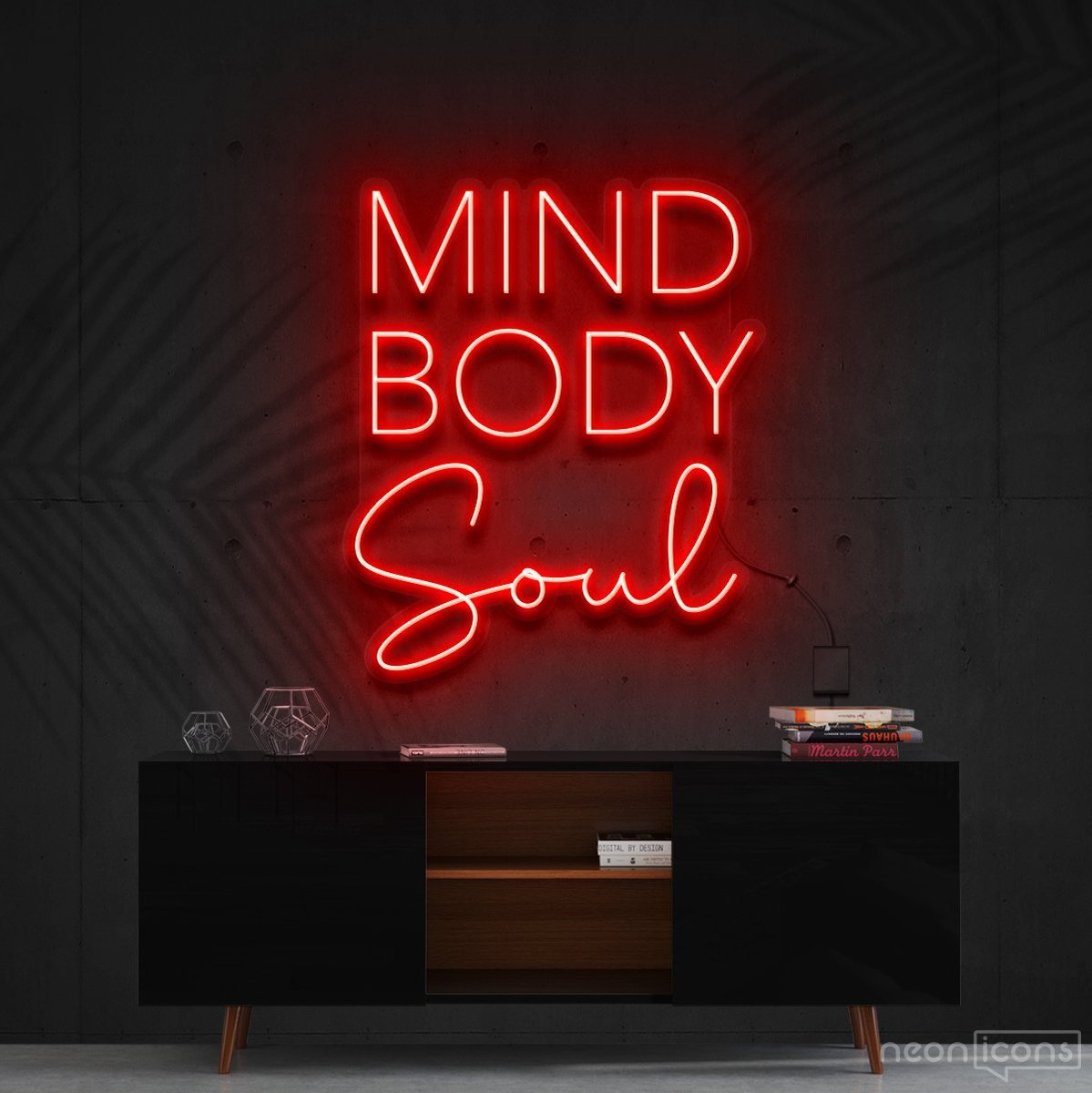 "Mind Body Soul" Neon Sign 60cm (2ft) / Red / Cut to Shape by Neon Icons