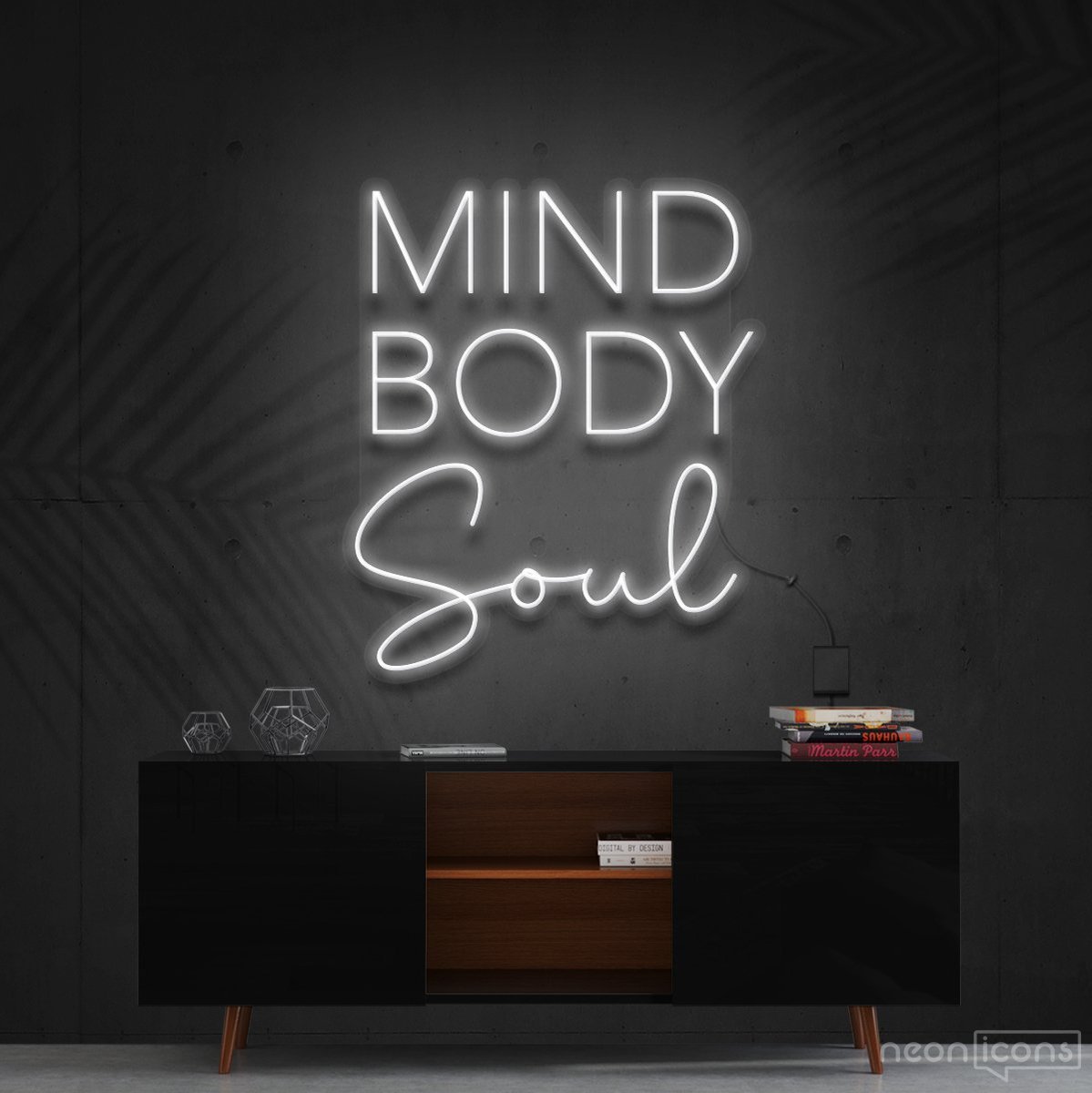 "Mind Body Soul" Neon Sign 60cm (2ft) / White / Cut to Shape by Neon Icons