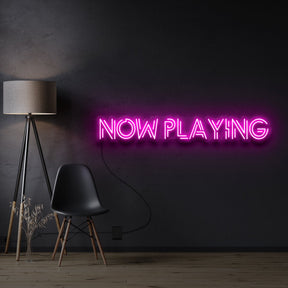 "NOW PLAYING" Custom Neon Sign 90cm x 12cm / Pink / Cut to Shape by Neon Icons