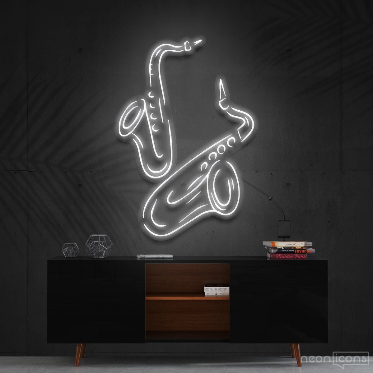 "Saxophones" Neon Sign 60cm (2ft) / White / Cut to Shape by Neon Icons