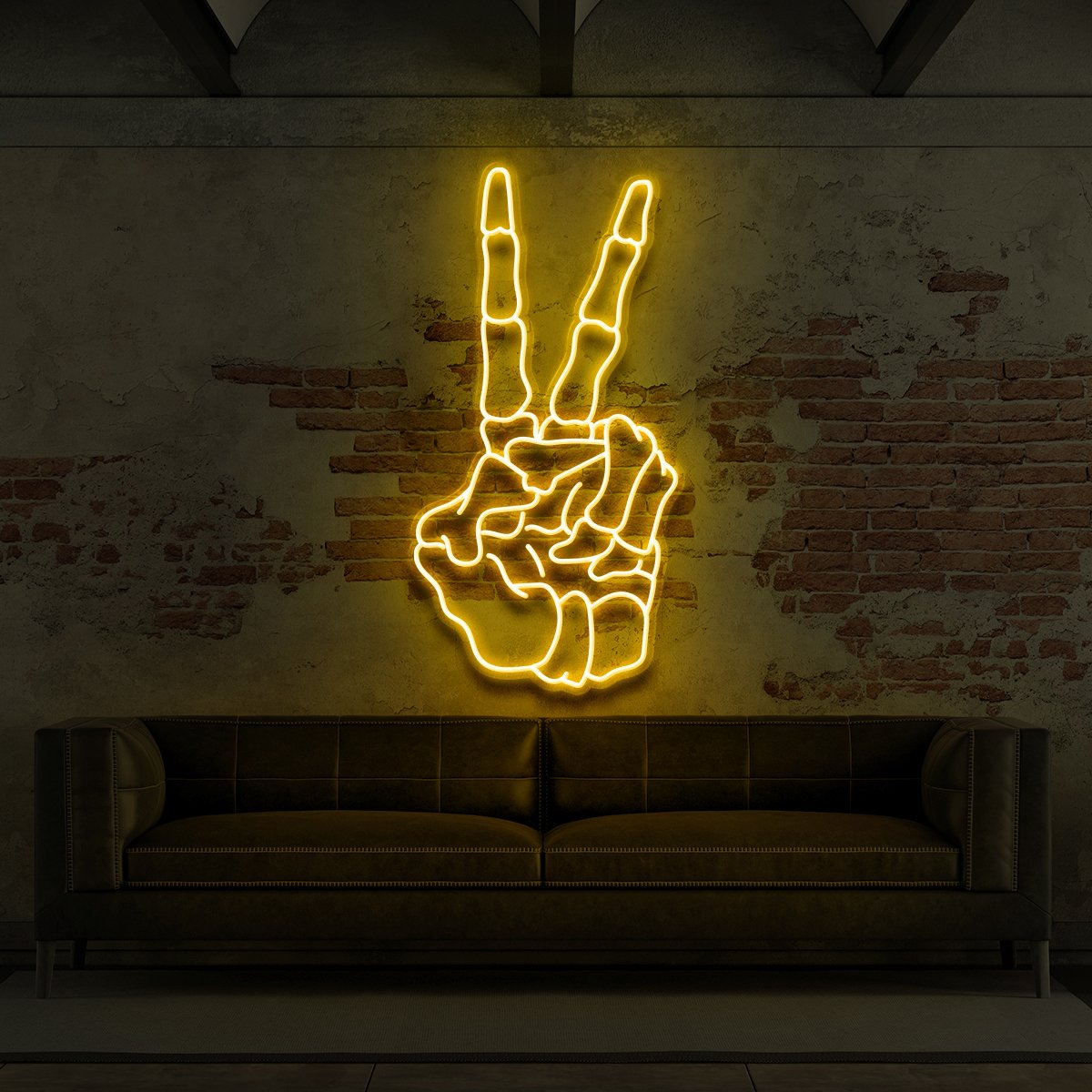 "Skeleton Peace Sign" Neon Sign for Tattoo Parlours 60cm (2ft) / Yellow / LED Neon by Neon Icons