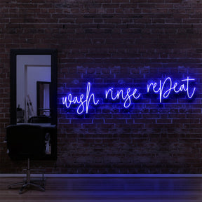 "Wash Rinse Repeat" Neon Sign for Hair Salons & Barbershops 90cm (3ft) / Blue / LED Neon by Neon Icons