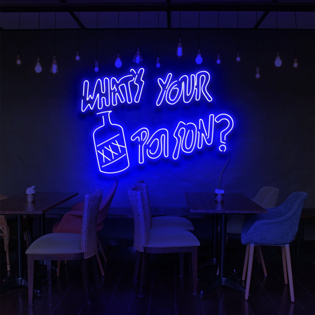 "What's Your Poison?" Neon Sign for Bars & Restaurants 90cm (3ft) / Blue / LED Neon by Neon Icons