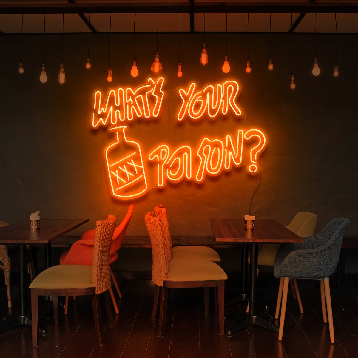 "What's Your Poison?" Neon Sign for Bars & Restaurants 90cm (3ft) / Orange / LED Neon by Neon Icons