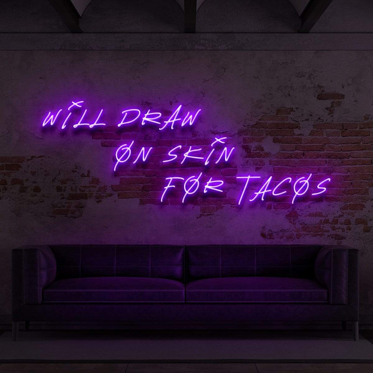 "Will Draw On Skin For Tacos" Neon Sign for Tattoo Parlours 90cm (3ft) / Purple / LED Neon by Neon Icons
