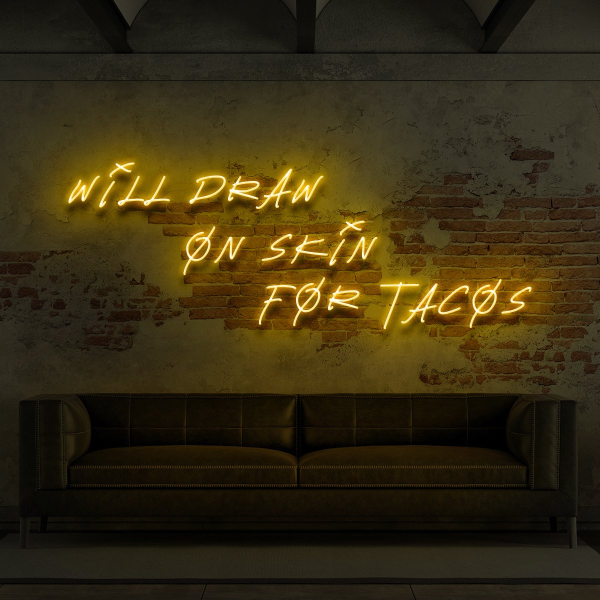 "Will Draw On Skin For Tacos" Neon Sign for Tattoo Parlours 90cm (3ft) / Yellow / LED Neon by Neon Icons