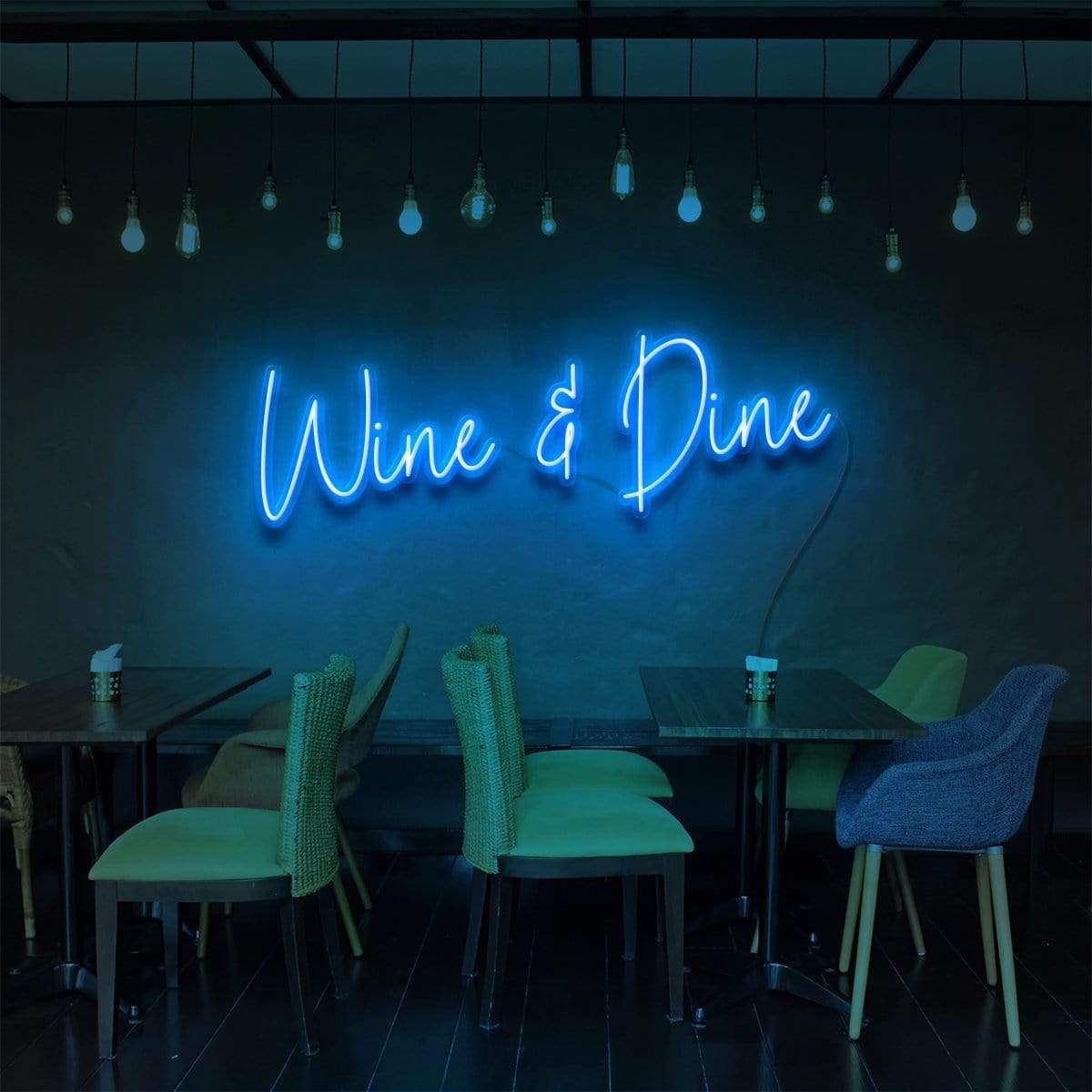 "Wine & Dine" Neon Sign for Bars & Restaurants 90cm (3ft) / Ice Blue / LED Neon by Neon Icons