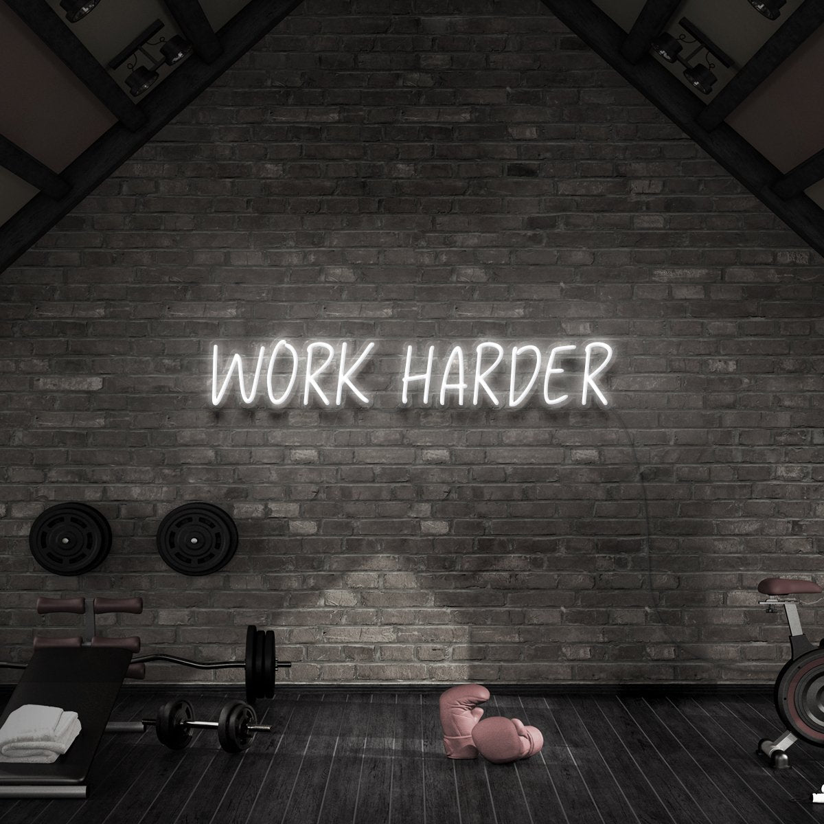 "Work Harder" Neon Sign for Gyms & Fitness Studios 60cm (2ft) / White / LED Neon by Neon Icons