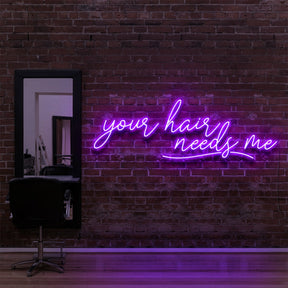 "Your Hair Needs Me" Neon Sign for Hair Salons & Barbershops 90cm (3ft) / Purple / LED Neon by Neon Icons